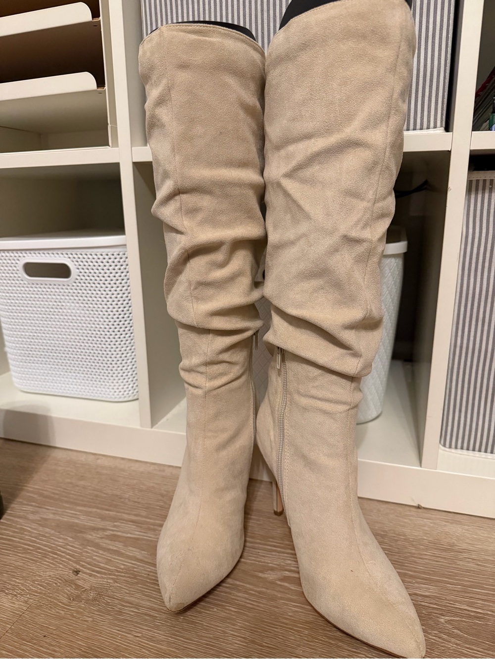 Dream Pairs Beige Over-the-Knee Slouch Pointed-Toe Boots